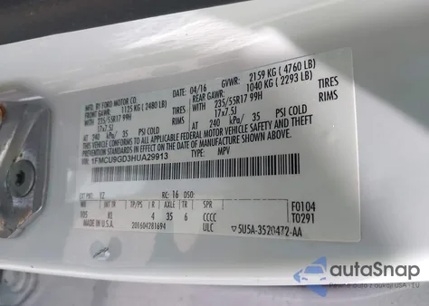 2017 Ford Escape Se from USA, damaged, VIN 1FMCU9GD3HUA29913